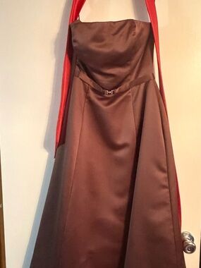 Michaelangelo Strapless Brown Satin Dress with Orange Sash